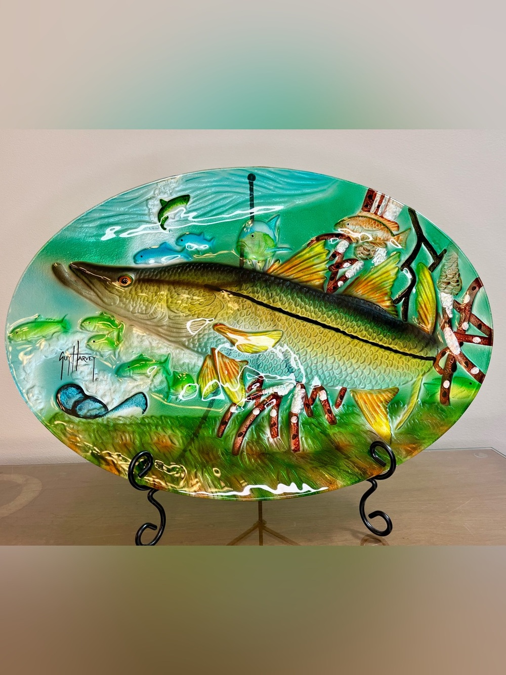 Guy Harvey - Snook - Embossed Art Glass Serving Platter Tray, Large, Oval, 20x14